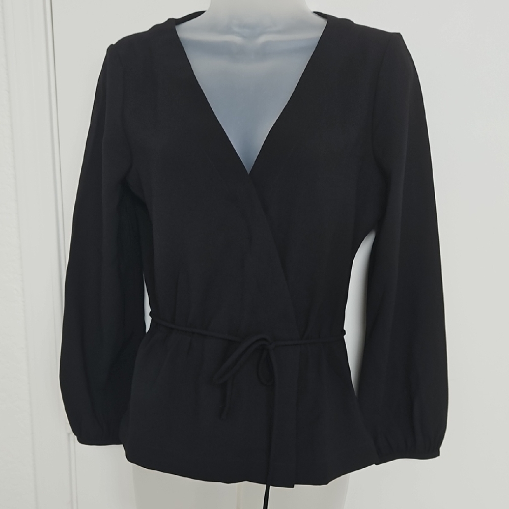 NWT J. Crew Black Wrap Blouse with Puff Sleeves Sz 4